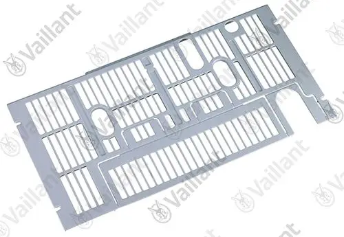 Vaillant Abdeckgitter in silberner Farbe, mit mehreren schmalen und breiten Öffnungen, im klassischen Design, zur Abdeckung von Heizkörpern oder ähnlichen Einrichtungen.